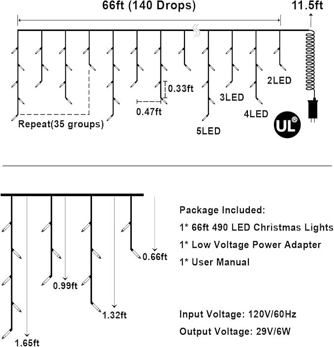 66ft LED Christmas Lights Outdoor with 140 Drops Christmas Decorations Hanging Lights 490 LED 8 Lighting Modes Outsite Fairy String Lights for House Xmas Wedding Party Holiday Decoration Warm White