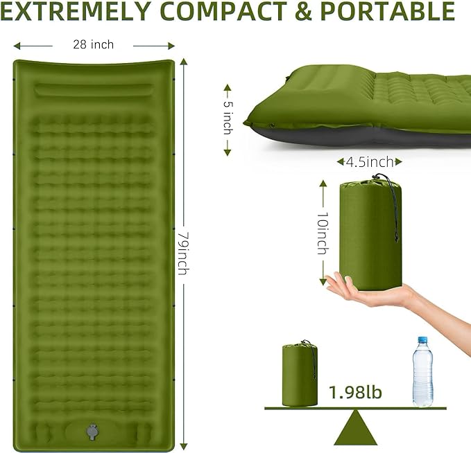 Camping Sleeping Pad Extra Thick 5 Inch Camping Mat with Pillow Built-in Foot Pump Inflatable Sleeping Pads Compact for Camping Backpacking Hiking Traveling Tent（Military Yellow）