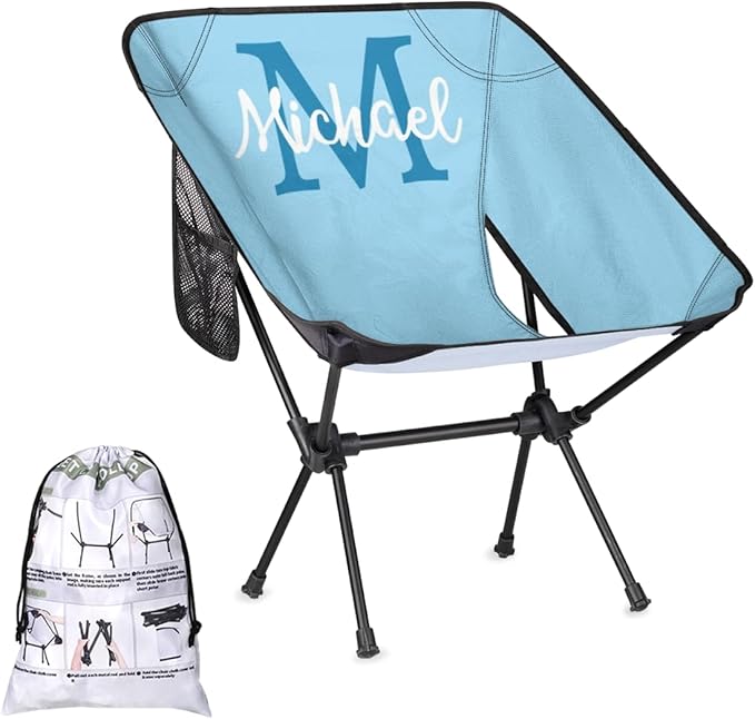 Custom Light Blue Portable Camping Chair Personalized Backpacking Chair with Name Lightweight Foldable Chairs for Hiking Beach