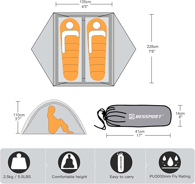 Bessport Camping Tent for 2-3 Person Lightweight Backpacking Tent Waterproof Windproof Two Doors Easy Setup Double Layer Outdoor Tents for 3 to 4 Seasons Suitable for OutdoorHikingCamping
