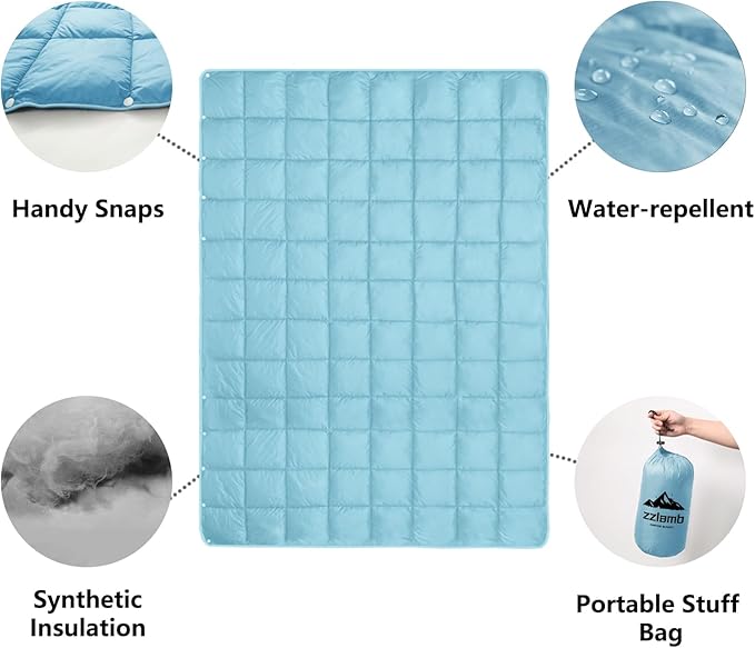 zzlamb Camping Blanket Compact Lightweight Soft Puffy Blanket Water-Repellent Packable Warm Quilt Down Alternative Picnic Hiking Backpacking Beach Travel RV Airplane Couch Car