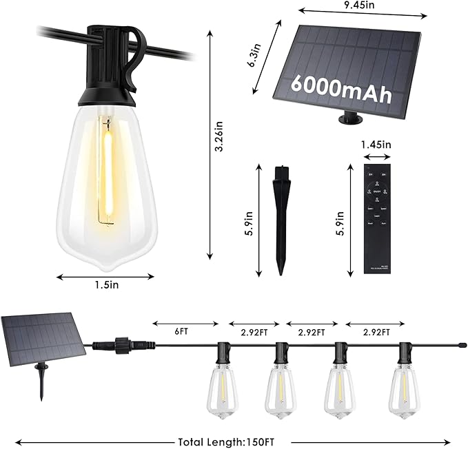 VUAA 150FT Solar Outdoor String Lights Waterproof Solar Powered Patio Lights with 52 Shatterproof ST38 Edison Bulbs &amp Remote ControlLED Dimmable Solar String Lights for Outside
