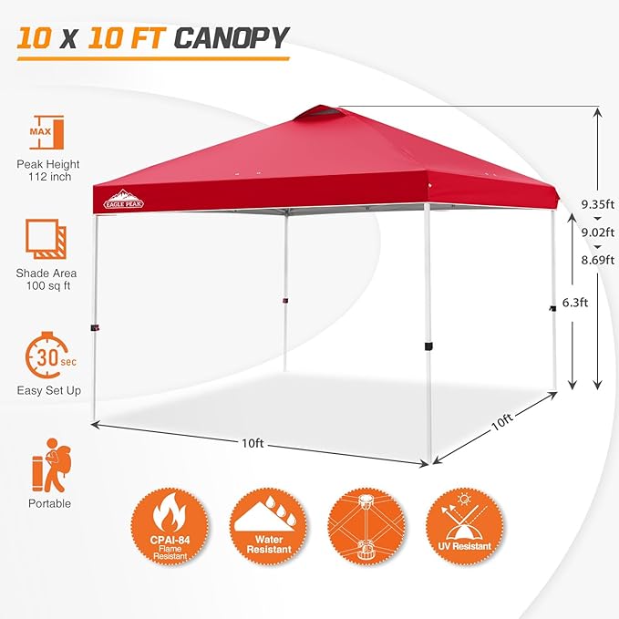 EAGLE PEAK Pop Up Canopy Tent with Wheeled Carry Bag 8 Stakes 4 Ropes 4 Weight Bags Easy Set Up Tent Canopy 10x10 ft 100sqft of Shade Red