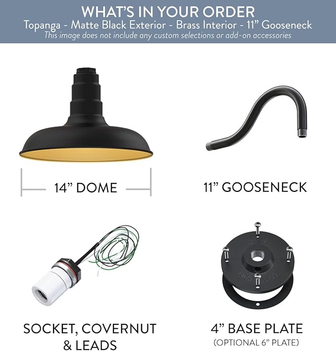 Steel Lighting Co. Topanga Barn Light | Outdoor Wall Mounted | Farmhouse Garage Light Made in America | 14 inch Dome | 11 inch Gooseneck | Matte Black Exterior/Brass Interior