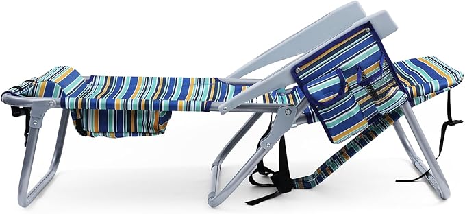 Backpack Beach Chair for Adults Folding Beach Chair with 4 Positions Heavy Duty Chair with Large Cooler Pouch Support to 350LBS (Stripes_Blue&ampCyan&ampYellow)