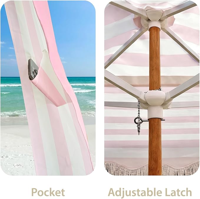 AMMSUN Beach Cabana with Fringe 6.5' x 6.5' Boho Beach Canopy with Tassels Easy Set up &amp Premium Wood Pole Cabana Tent with Sand Pockets Instant Sun Shade for Sand Garden Pink Rose Stripes