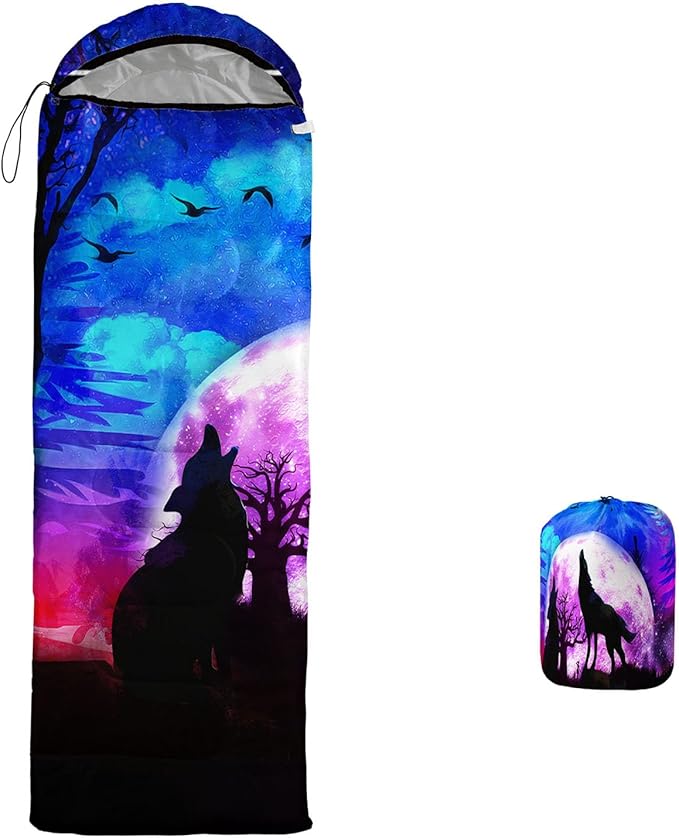 Galaxy Wolf Camping Sleeping Bags Warm &amp Cool Weather Waterproof Backpacking Blue Purple Starry Sky Sleeping Bag All Seasons Camping for Adult Kids Boy Girls Camping Gear Equipment Traveling