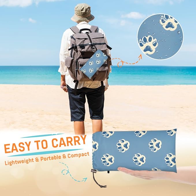 Waterproof Sandproof Beach Blanket 59''×68'' Dog Footprints Polyester Outdoor Picnic Blanket with 4 Stakes &amp Storage Bag for BeachCampingVacation Blue