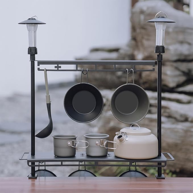 Camping Table Shelf - Outdoor Tableware Rack - Folding Camping Table Rack Portable Beach Shelf Adjustable Height Desktop for Hiking