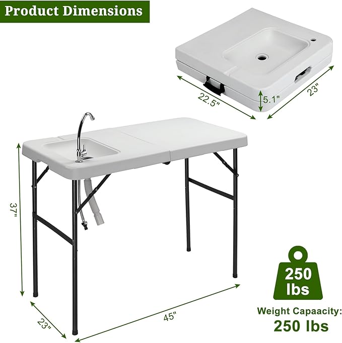 VINGLI Fold in Half Folding Fish Cleaning Table with Sink Bi-Folding Outdoor Portable Camping Game Sink TableFish Fillet Cutting Table with Drainage Hose for Patio Backyard BBQ