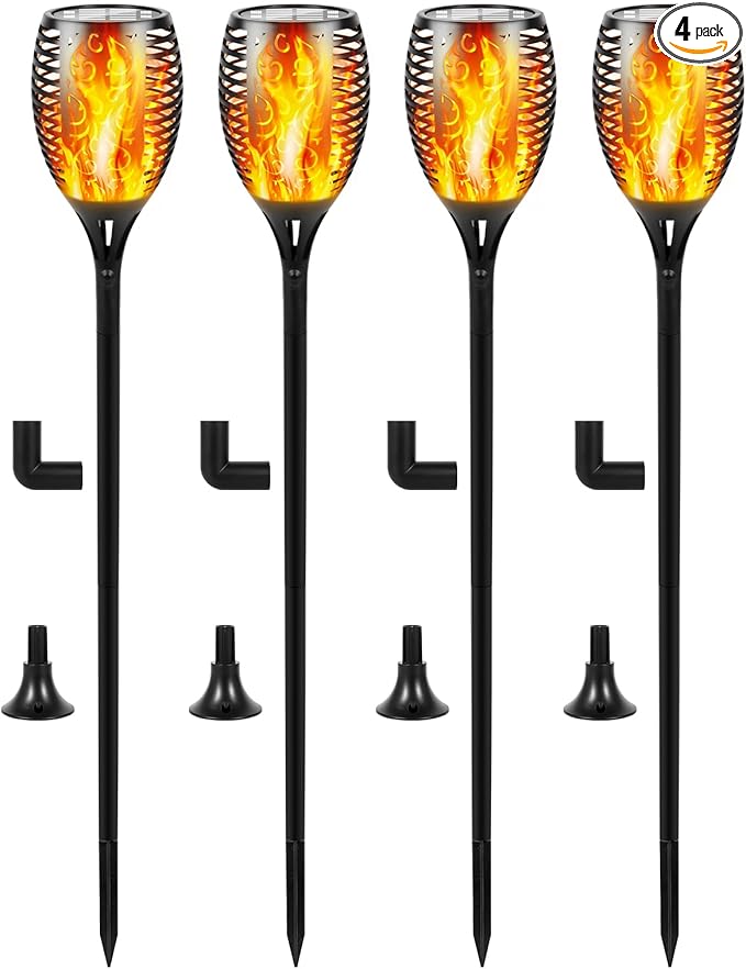 I-SHUNFA 96 LED Outdoor Waterproof Solar Torch Lights with 3 Modes—Flickering Flame Fade Effect or Full Brightness Automatic On/Off Landscape Decorations and Security Lights (4 Warm)