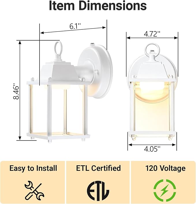 LIT-PaTH Small Outdoor LED Wall Lantern with Dusk to Dawn Photocell 3000K Warm White 9.5W 800 Lumen Aluminum Housing Plus Glass Outdoor Rated 1-Pack White