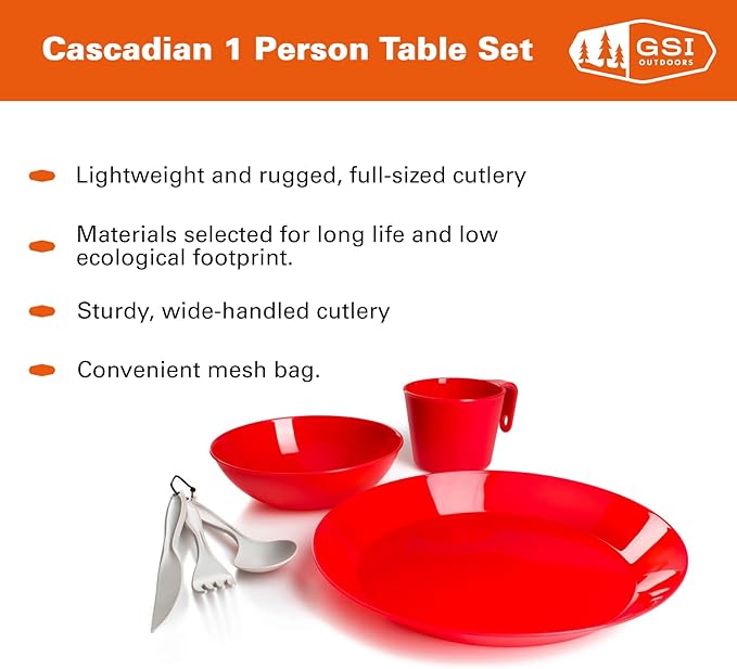 GSI Outdoors Cascadian 1 Person Table Set I 6-Piece Camping Backpacking Mess Kit Plastic BPA Free Plate Bowl Mug Cup &amp Cutlery Set