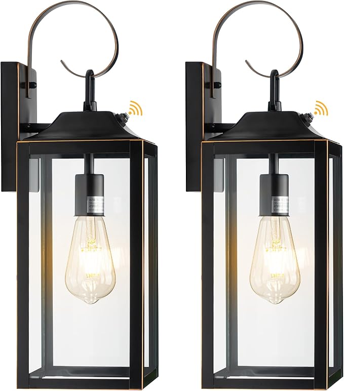 19 Dusk to Dawn Outdoor Lighting 2 Pack Large Dusk to Dawn Outdoor Wall Lights Black Sensor Porch Lights Outdoor Exterior Lighting Fixtures Wall Mount for House Garage -with Gold Trim