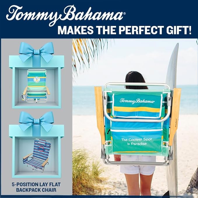 Tommy Bahama 5-Position Classic Lay Flat Backpack Cooler and Cup Holder Beach Chair Portable Folding Beach Chair for Tanning 2-Pack Stripe