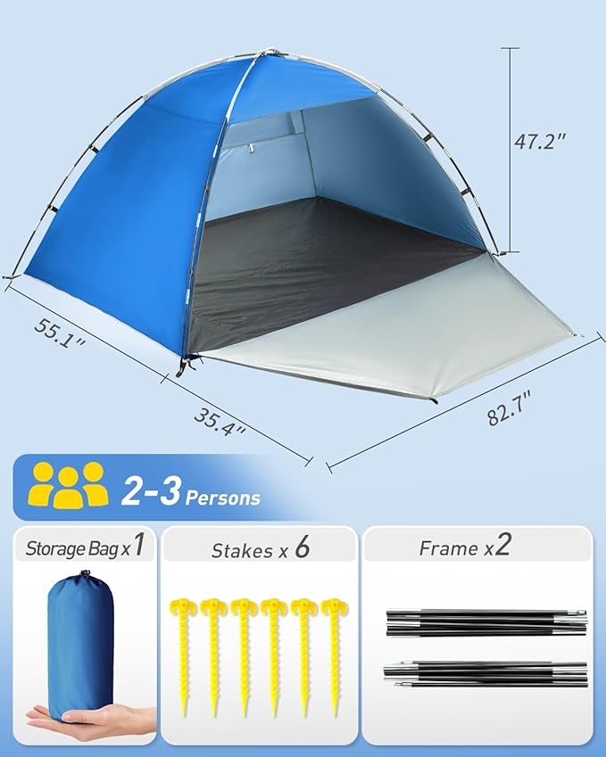 Beach Tent for 2-4 Persons Beach Tent Sun Shelter UPF50+ UV Protection Sun Shade Witch Huge Breathable Mesh Window Easy Set up for Beach Camping Fishing