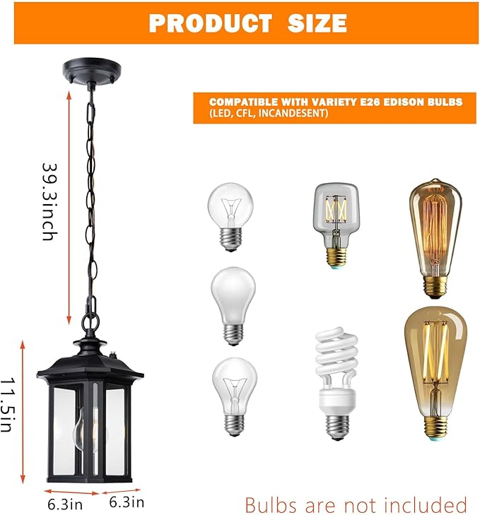 JYZ Dusk to Dawn Outdoor Pendant Lighting Exterior Hanging Lantern Light Fixture Classic Black Outdoor Chandelier Outside Ceiling Mount Hanging Lamp for Porch Hallway Foyer Patio Gazebo Pergola