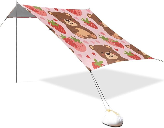 Cartoon Bear and Strawberry Camping Sun Shelter Beach Tent Portable Beach Sun Shade Outdoor Canopy for Camping Trips Fishing Picnic