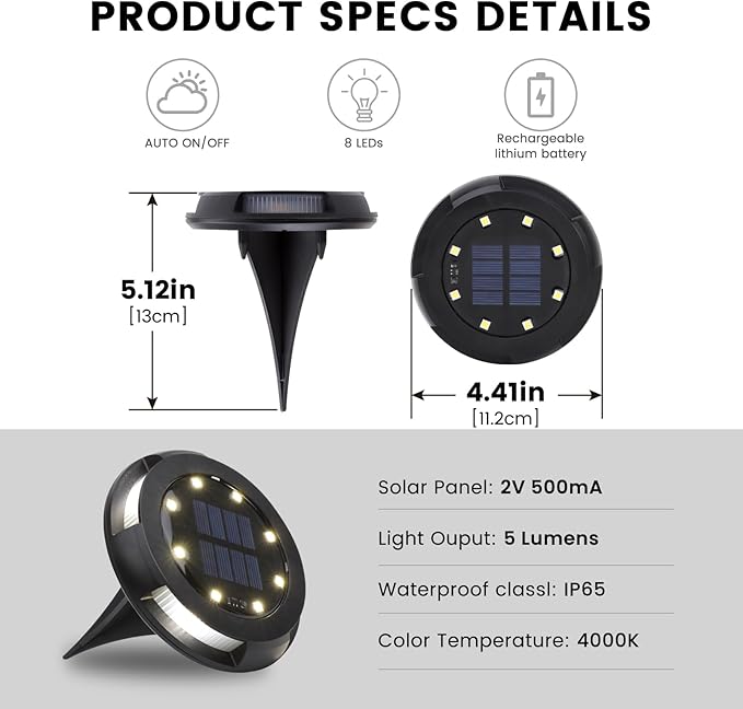 Solar Underground Outdoor Lights IP65 Waterproof Rechargeable 500mAh NI-MH Battery LED Landscape Lighting 0.2W Solar Panel Black Garden Path Lights for Yard(Warm Light 8 Pack)