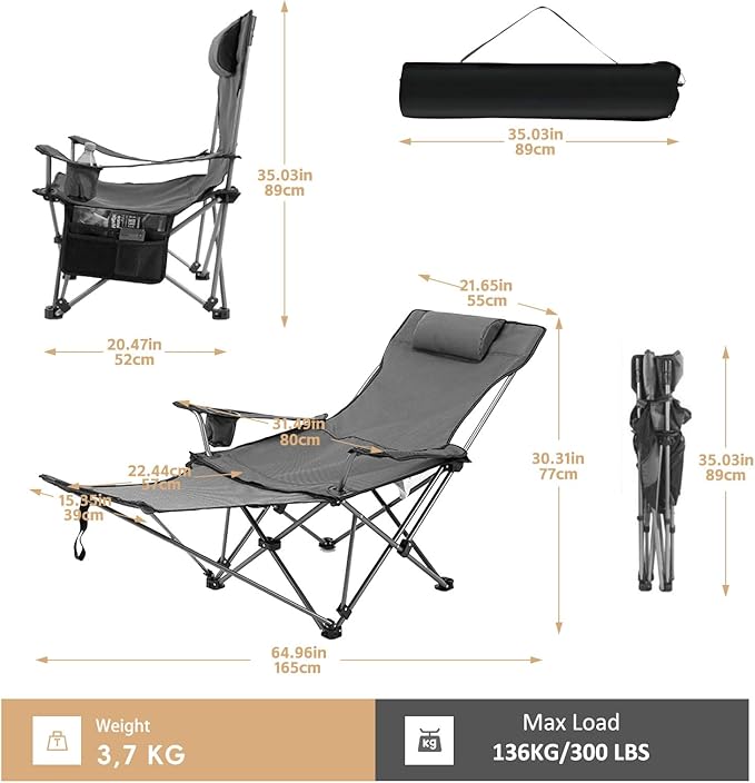 Reclining Camping Chair with Removable Footrest Adjustable Camping Lounge Beach Chair with Padded Headrest Cup Holder &amp Carry Bag Camp Chair with Foot Rest Lawn Chair for Outdoor Patio Black M