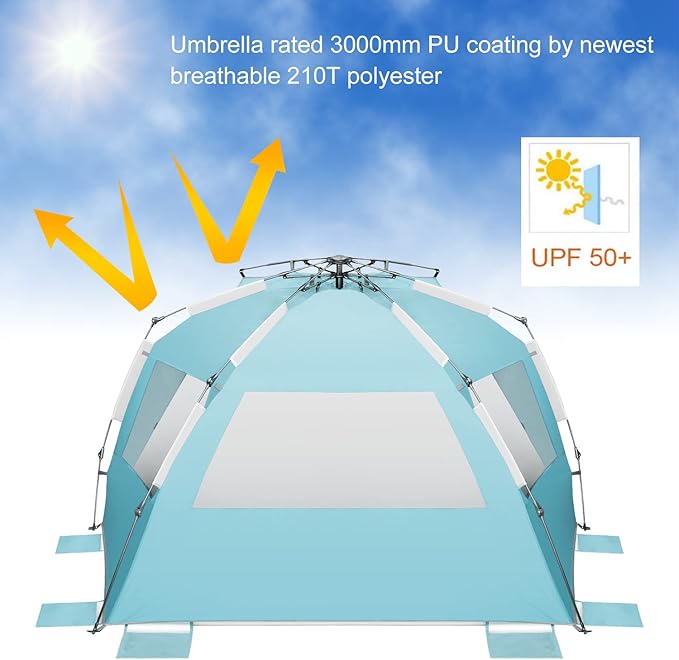 Oileus XX-Large Pop Up Beach Tent Sun Shelter for 5-6 Person Portable Sun Shade Instant Tent for Beach with Carrying Bag Stakes 6 Sand Pockets Anti UV for Fishing Hiking Camping Sky Blue