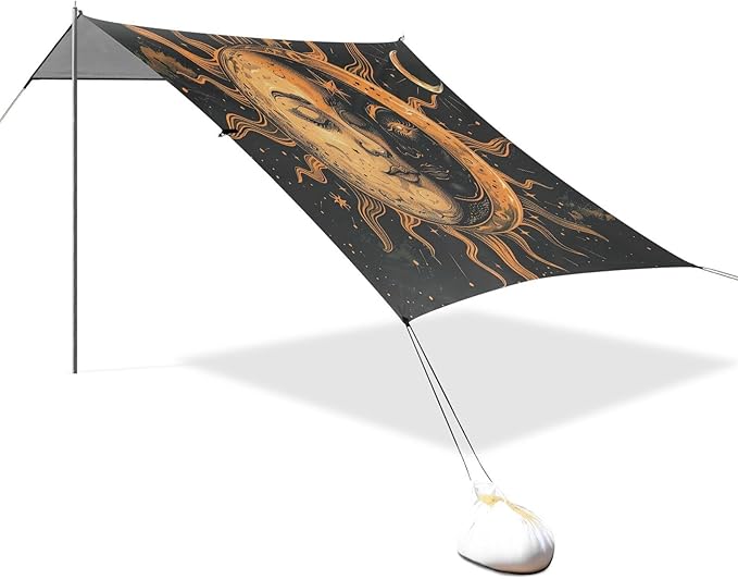 Sun &amp Moon Face Beach Tent Sun Shelter 9.2' x 10.5' Beach Canopy with 4 Sandbags 4 Stability Poles Sand Shovels - Tent Canopy for Beach Camping Fishing Picnics