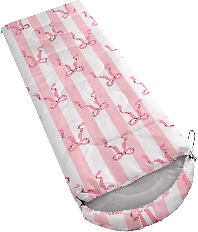 Girls Bow Sleeping BagPink Bowknot Waterproof Portable Camping BagPink and White Stripes Girly Portable Compact with Compression Sack for Backpacking Outdoor Indoor in Spring Summer Fall
