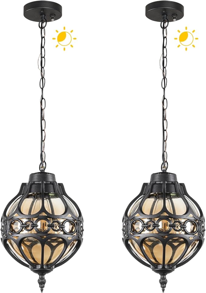 Dusk to Dawn Globe Outdoor Pendant Lights for Porch Garage Black Round Aluminum Anti-Rust Hanging Lighting Fixture Industrial Exterior Ceiling Lantern Light with Amber Glass 2 Pack
