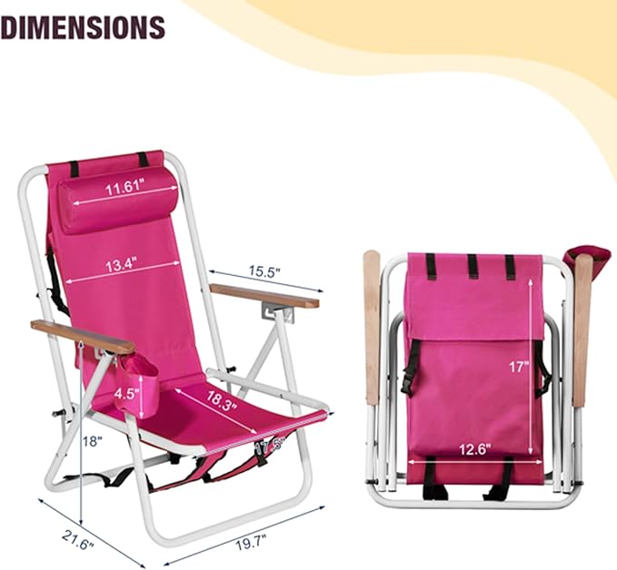 Beach Chairs for Adults 2 PackPortable Folding Backpack Beach Chair with Headrest Cup Holder and Wooden ArmrestsCup Holder for Outdoor/Lawn/PicnicFoldable Camping Chair (Red-2Set)