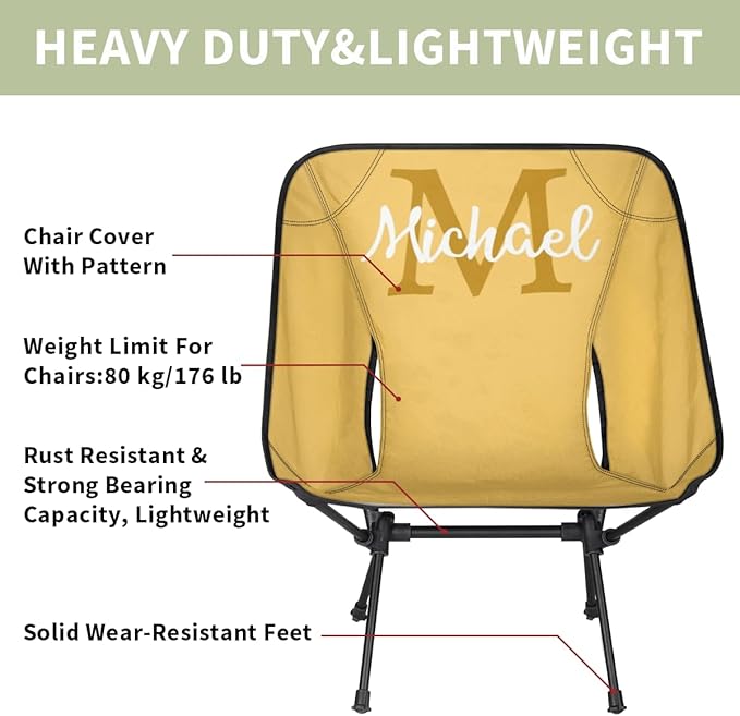 Custom Yellow Portable Camping Chair Personalized Backpacking Chair with Name Lightweight Foldable Chairs for Hiking Beach