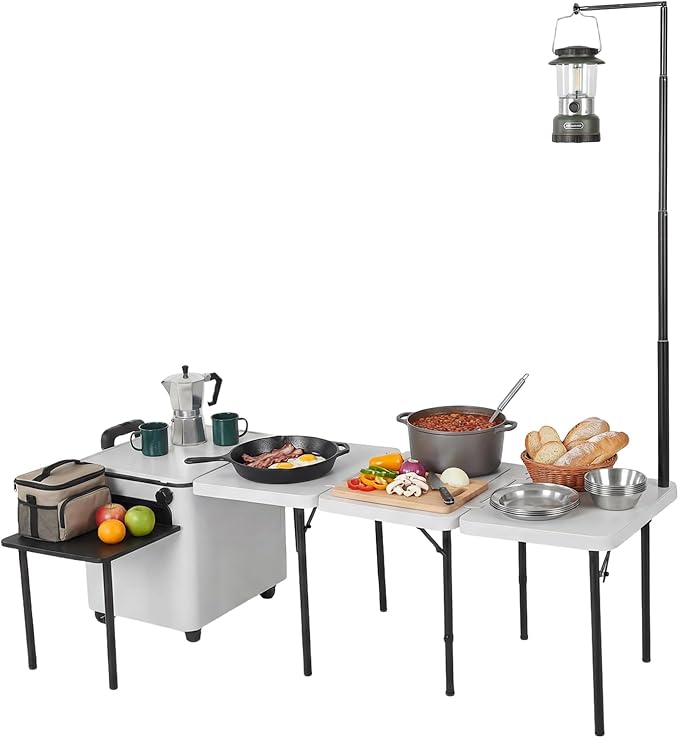 Portable Folding Camp Cook Station with Wheels Overland Camping Kitchen Table with Light Poles for Picnic Party Beach BBQ Cooking Indoor (Small)