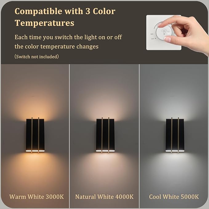Upgraded Modern Outdoor Wall Light Fixture 10.8 Up and Down Outdoor Sconce Lights 15W 3CCT 3000K/4000K/5000K IP54 Waterproof Exterior Wall Sconce Black Metal Frame with Brass Accents