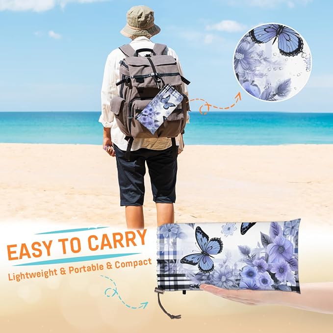 Waterproof Sandproof Beach Blanket 59''×68'' Butterfly Polyester Outdoor Picnic Blanket with 4 Stakes &amp Storage Bag for BeachCampingVacation Purple