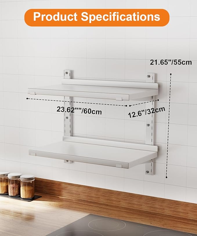 Stainless Steel Shelf 23.6 x 12.6 Commercial Floating Wall Shelf with Brackets 110Lb Capacity Adjustable Double-Layer Metal Heavy Duty Storage Rack for Restaurant Kitchen Home Bathroom