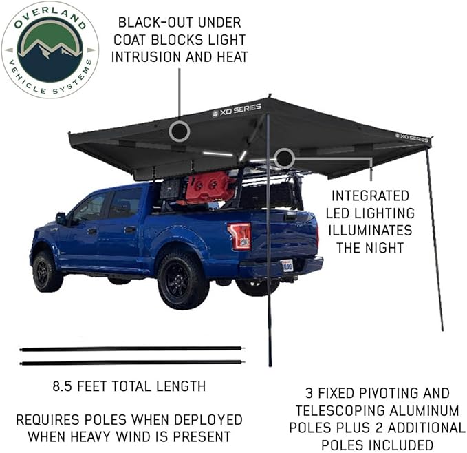 Overland Vehicle Systems - XD Nomadic 270 LT - Awning w/Lights Driver Side Black Trim w/Black Travel Bag
