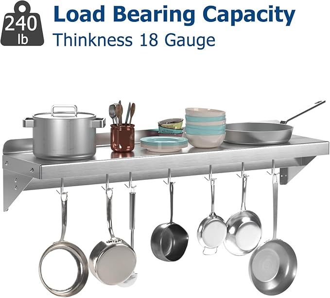 Stainless Steel Shelf Wall Mounted NSF Commercial Wall Shelf Floating Shelving for Kitchen Restaurant Home Hotel 60 x 12 Inches Flat Surface with 7 Hooks