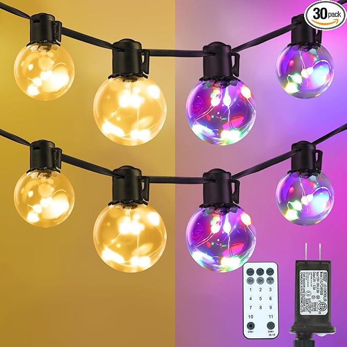 Outdoor String Lights Plug in 25ft 20 LED Bulbs Hanging Patio Lights Dimmable with Timer &amp Remote Globe Bulb Shatterproof &amp Waterproof for Indoor Backyard Balcony Decor - Warm White &amp Mu