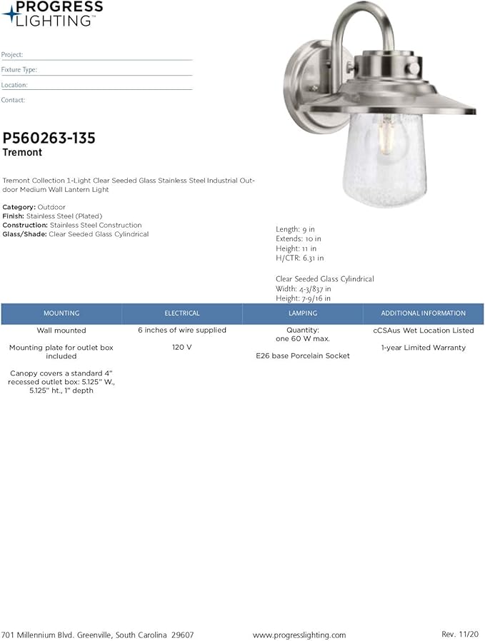 Tremont Collection 1-Light Clear Seeded Glass Stainless Steel Industrial Outdoor Medium Wall Lantern Light