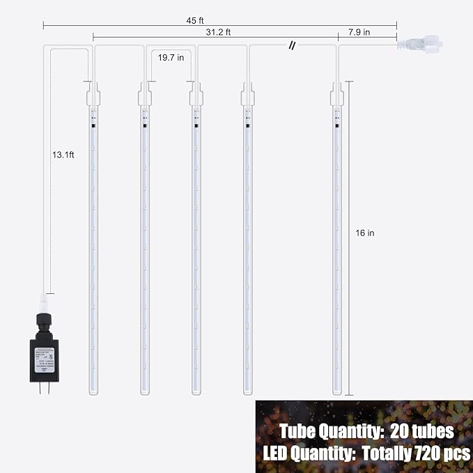 Brightown Meteor Shower Lights Outdoor 16 Inches 20 Tubes 720 LED Icicle Lights Waterproof Meteor Christmas Light Hanging Falling Rain Light for Tree Bushes Holiday Party Christmas Decor Blue