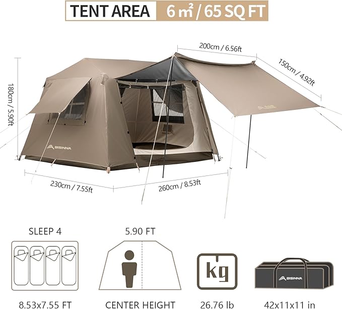 BISINNA 4 Person Camping Tent Family Cabin Tents with Full Rainfly Waterproof Large Double Layer Glamping Tent for Car Camping Outdoor Picinic
