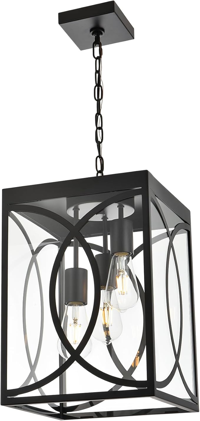 Outdoor Pendant Light Fixture 3-Light Black Large Exterior Hanging Lantern with Clear Glass Metal Outdoor Chandelier Porch Lighting for Front Porch Entrance