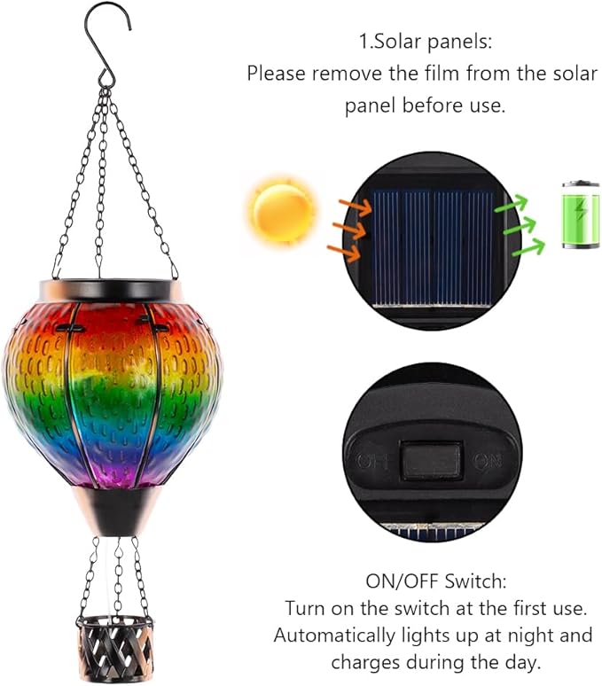DREAMSOUL 2 PCS Solar Hot Air Balloon Lantern with Flame Glass Hanging Solar Lanterns Outdoor Waterproof for Lawn Patio Porch Decor
