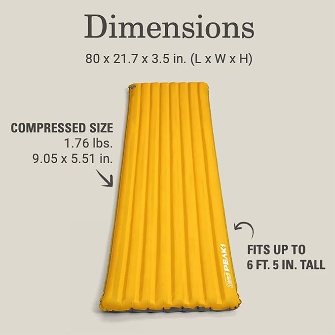 Coleman PEAK1 Sleeping Camp Pad with Integrated Valve System and Carry Bag for great for Backpacking Hiking and Rugged Car Camping Marigold