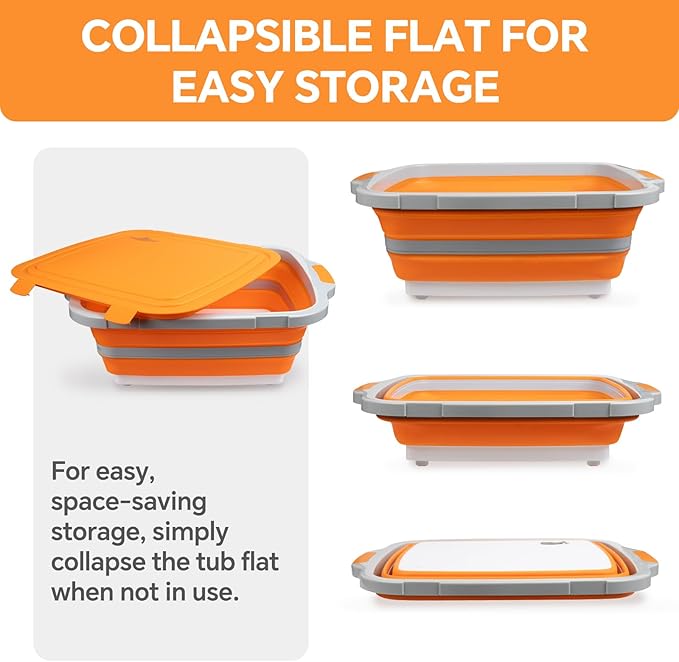 Collapsible BBQ Prep Tub for Meal Prep MarinatingFood Storage picnics camping barbecuescutting fruits and vegetables - Includes Cutting Board and Locking Lid(X-Large) Orange