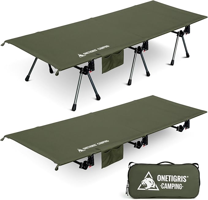 ONETIGRIS SUPRANUBIS Camping Cot Height Adjustable with Cot Leg Extenders Strong Support 330lbs Lightweight Comfortable Folding Bed for Camping Hiking Travel Truck Beach Office Nap