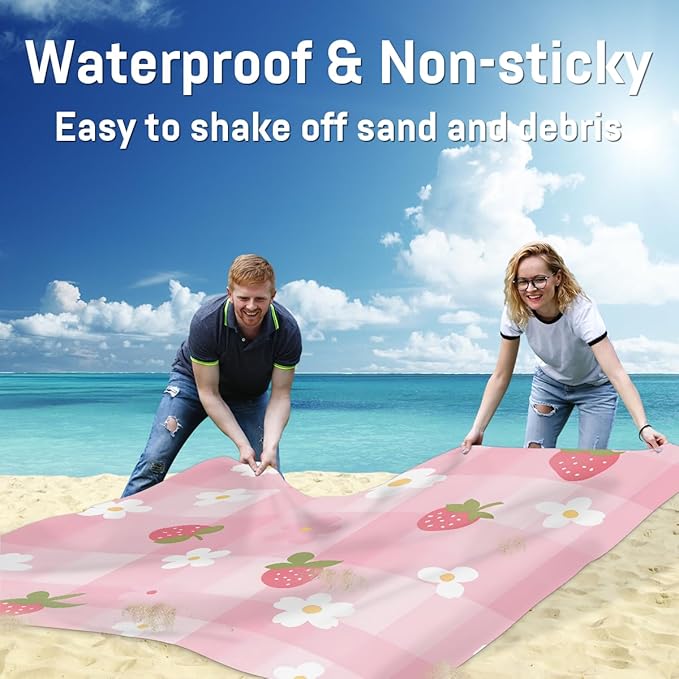 Waterproof Sandproof Beach Blanket 59''×68'' Strawberry Decoration Polyester Outdoor Picnic Blanket with 4 Stakes &amp Storage Bag for BeachCampingVacation Pink
