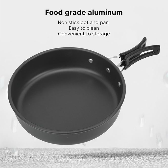 Camping Cookware Mess Kit Portable Set Hard Oxidized Aluminum Lightweight Black - Non Stick Surface Folding Utensils Ideal for Backpacking and Outdoor Cooking