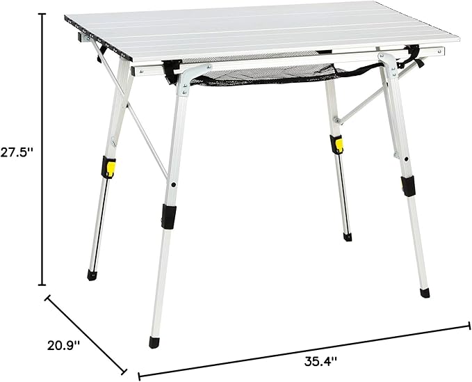 PORTAL Outdoor Folding Portable Picnic Camping Table with Adjustable Height Aluminum Roll Up Table Top Mesh Layer Silver