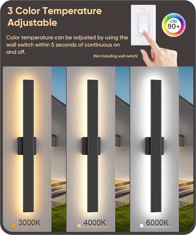 Aipsun 2 Packs Outdoor Wall Sconce 3000K 4000K 6000K 31.5in Modern Black Exterior Light Long LED Linear Wall Light Outside Lighting for Entrance Hallway Garage Porch(3CCT)