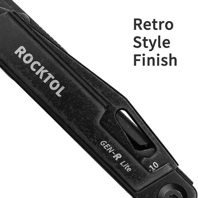 ROCKTOL Multitool Gen-R Lite Retro Black EDC Pocket Knife VG10 Blade Compact 15-in-1 Multi-tool with Screwdriver Large Scissors Glass Breaker Leather Sheath Lightweight for Hiking Camping